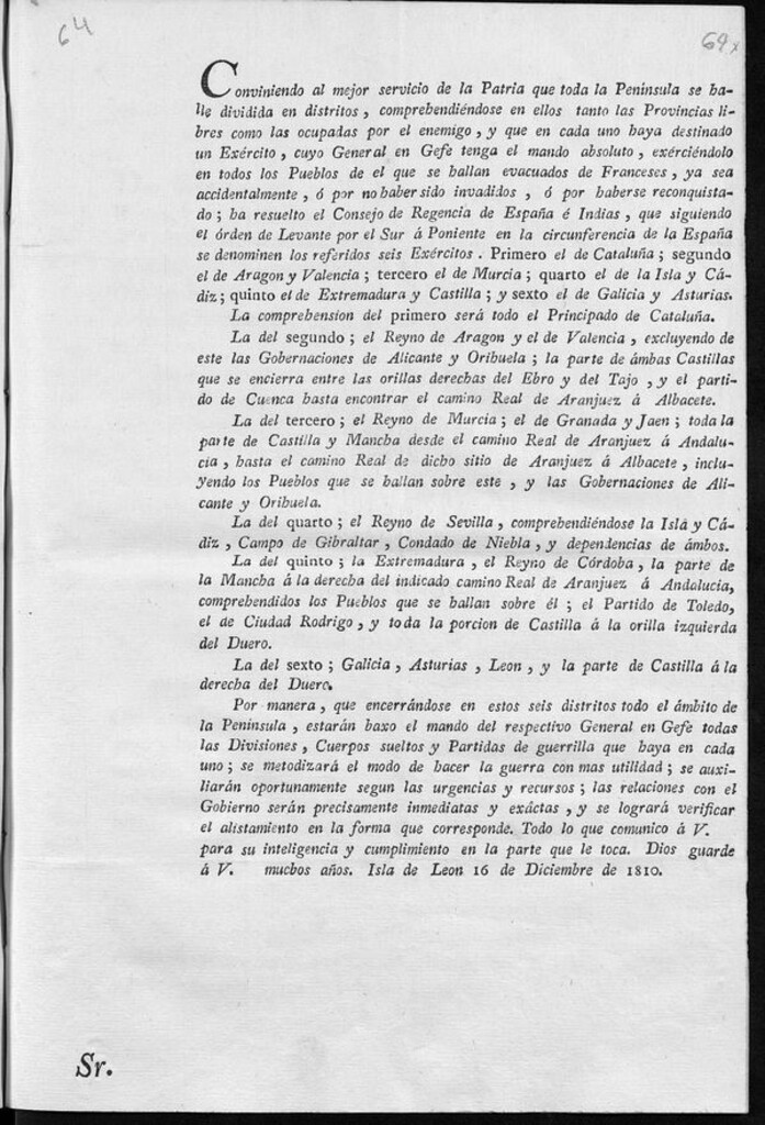 Miniatura de Conviniendo al mejor servicio de la Patria que toda la Península se halle dividida en distritos, comprehendiéndose en ellos tanto las Provincias libres como las ocupadas por el enemigo, y que en cada uno haya destinado un Exército, cuyo General en Gefe tenga el mando absoluto...