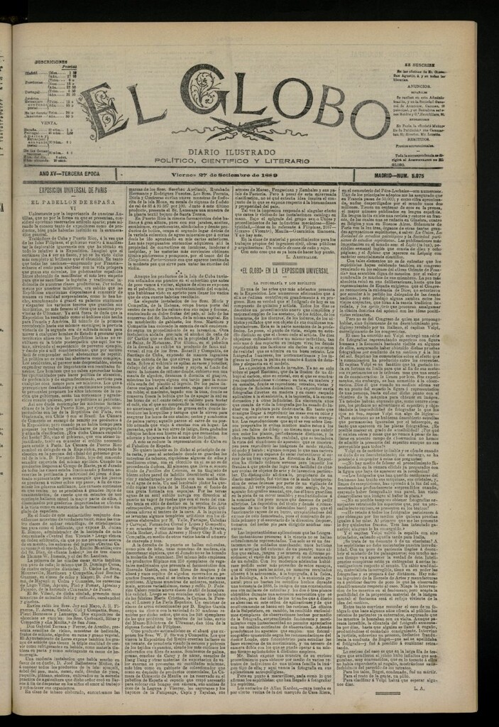 Miniatura de El Globo : diario ilustrado del 27 de septiembre de 1889, nº 5075