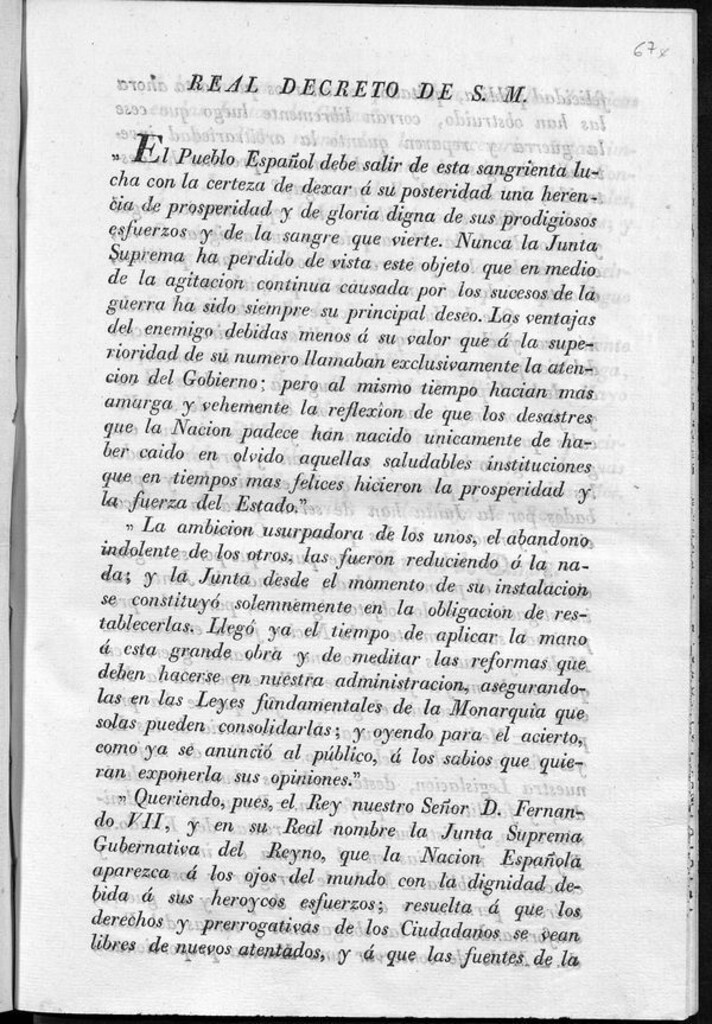 Miniatura de Real Decreto de S.M. "El Pueblo Español debe salir de esta sangrienta lucha con la certeza de dexar á su posteridad una herencia de prosperidad y de gloria digna de sus prodigiosos esfuerzos..."