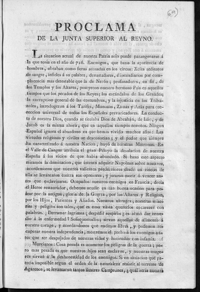 Miniatura de Proclama de la Junta Superior al Reyno, La situación actual de nuestra patria solo puede parangonarse a la que tenía en el año 716...Murcianos, cosa pesada es acometer los peligros de la guerra...la Junta os incita, leales habitantes...para que todos coopereis a el honor de salvar la patria...