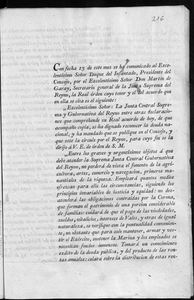 Miniatura de Traslado de la Real Orden de la Junta Central al Consejo (13 octubre) por la que se reconoce la deuda pública