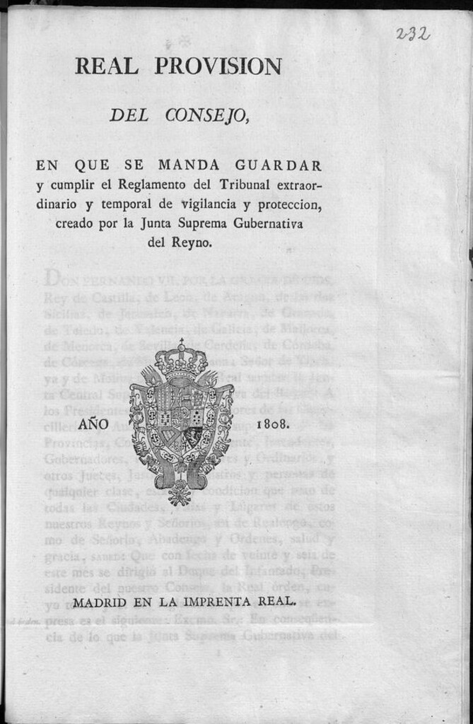 Miniatura de Real Provisión del Consejo en que se manda guardar y cumplir el Reglamento del Tribunal extraordinario y temporal de vigilancia y protección creado por la Junta Suprema Gubernativa del Reyno