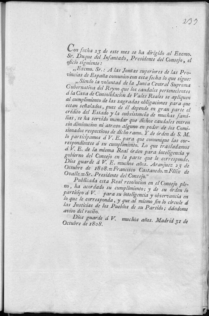 Miniatura de Traslado de Resolución de la Junta Central al Consejo ordenando que el dinero de la Caja de Consolidación de los Vales Reales se entreguen a los Comisionados de dicho ramo