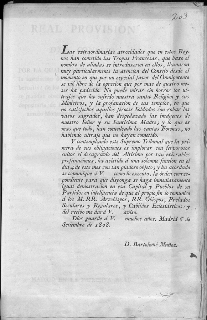 Miniatura de Oficio de Consejo para que se realicen actos religiosos de desagravio en los pueblos debido a las profanaciones de las tropas francesas
de septiembre de 1808.