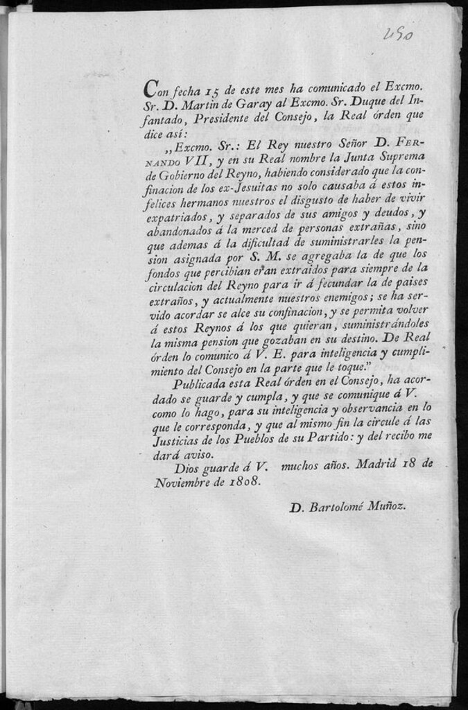 Miniatura de Remisión al consejo de Real Orden de la Junta en la que se permite volver a los Jesuitas a España