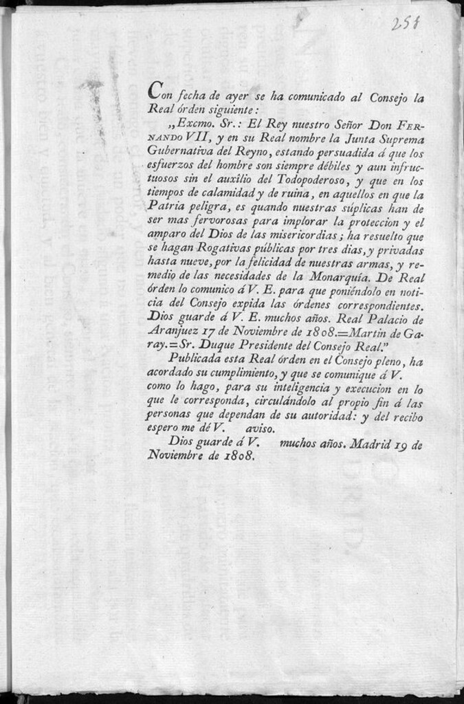 Miniatura de Remisión al Consejo de Real Orden de la Junta por la que insta a realizar rogativas para la victoria del ejercito y amparo de la monarquía