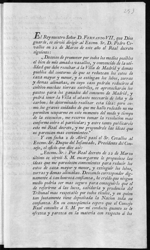 Miniatura de Remisión de diferentes ordenes y decretos de la Junta y del Consejo sobre los cotos de caza para reducirlos y dedicar a labranza parte de los terrenos.