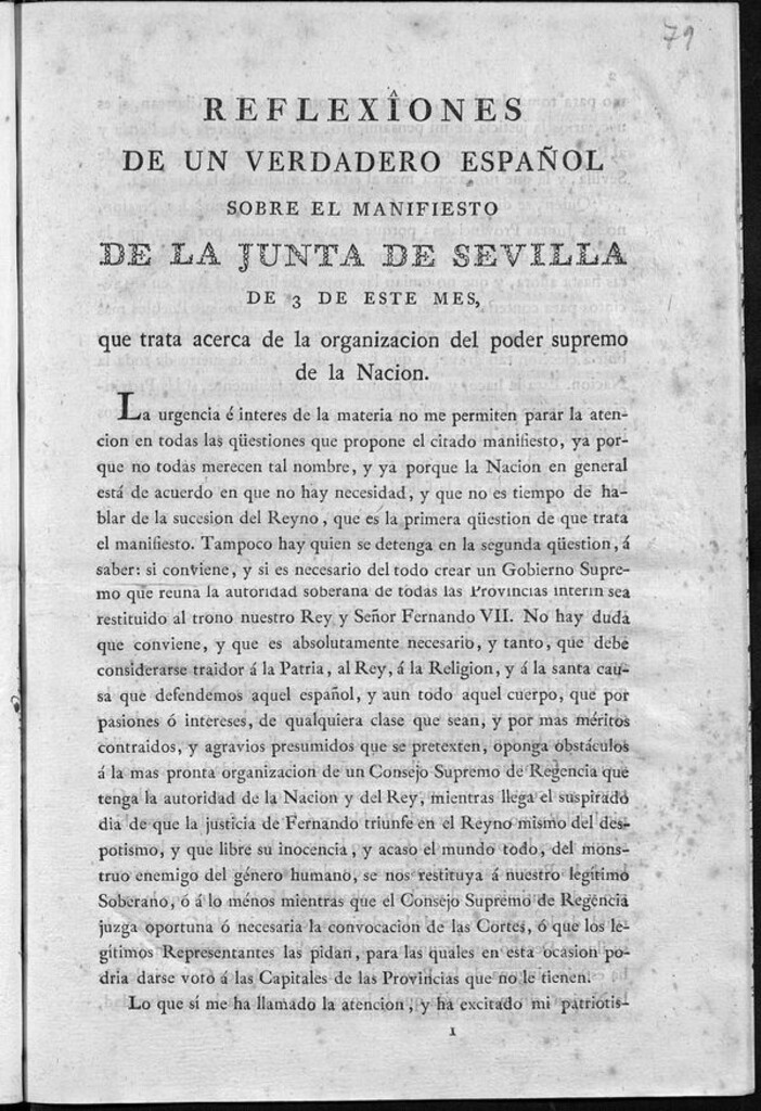 Miniatura de Reflexiones de un verdadero español sobre el manifiesto de la Junta de Sevilla de 3 de este mes, que trata acerca de la organización del poder supremo de la nación