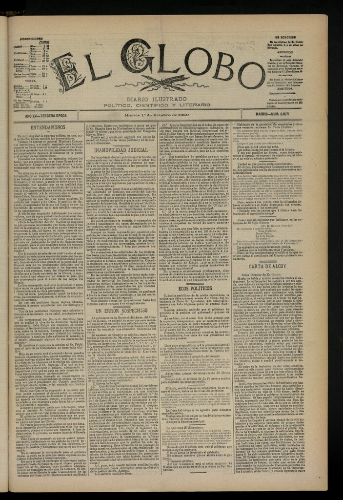 Miniatura de El Globo : diario ilustrado del 1 de octubre de 1889, nº 5079