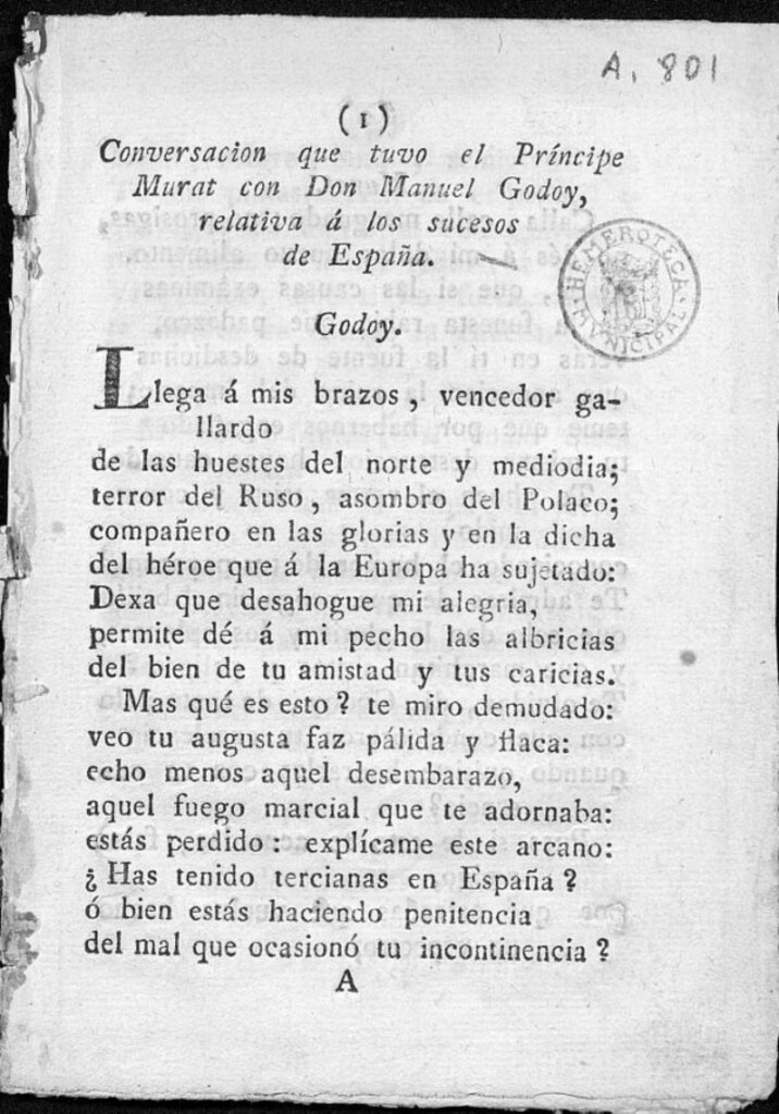 Miniatura de Conversación que tuvo el Príncipe Murat con Don Manuel Godoy, relativa a los sucesos de España