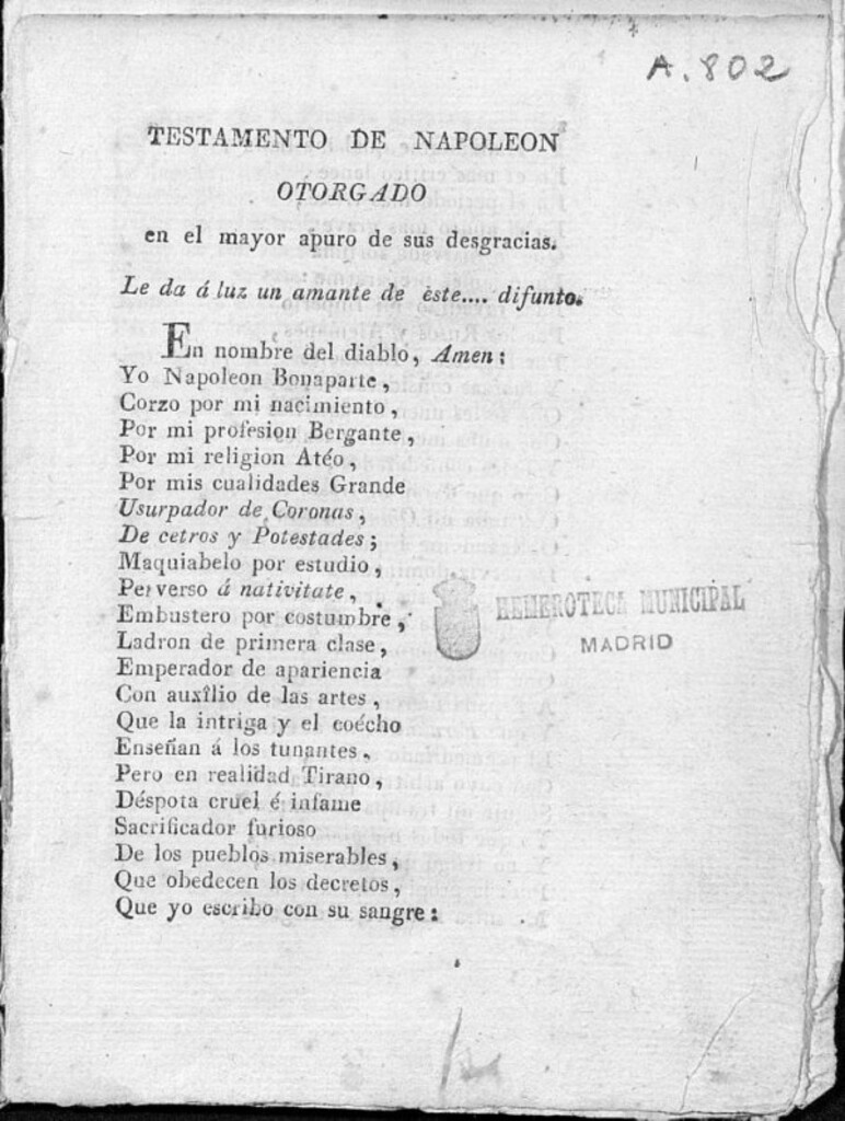 Miniatura de Testamento de Napoleón otorgado en el mayor apuro de sus desgracias. Le da a luz un amante de este difunto.