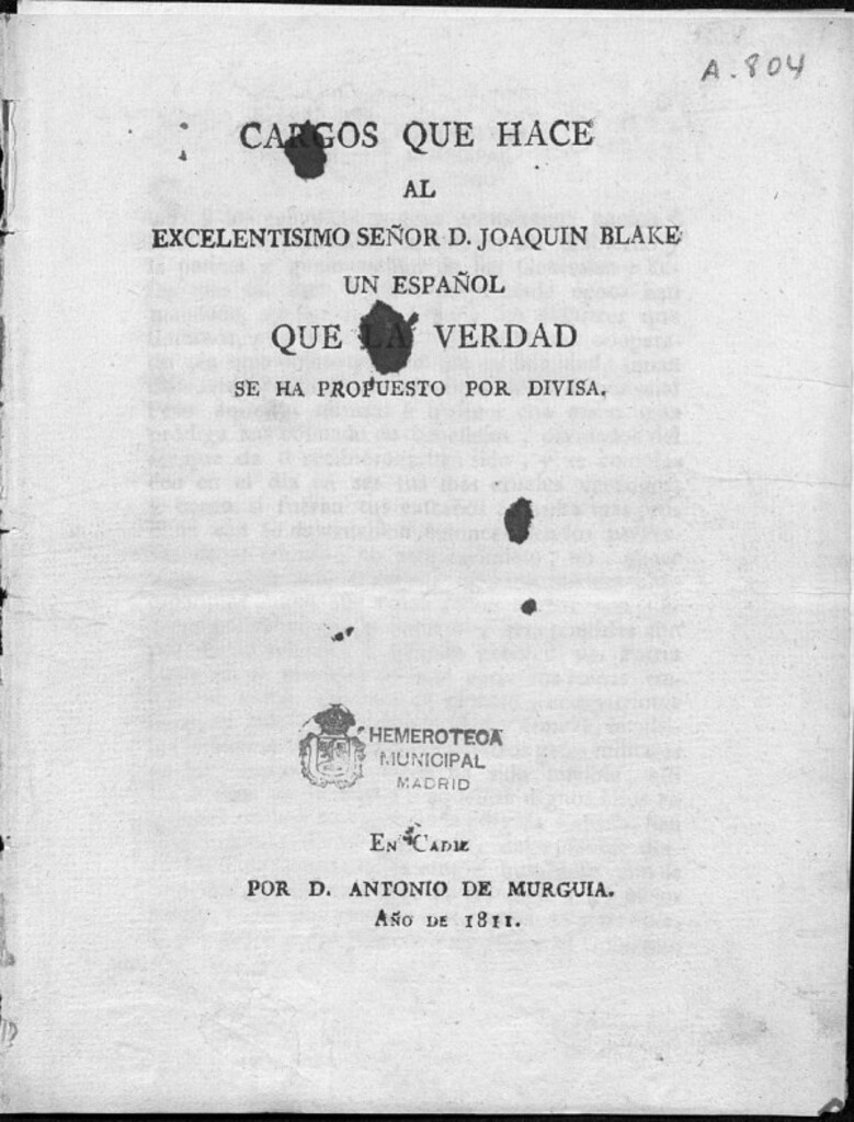 Miniatura de Cargos que hace al Excelentisimo Señor D. Joaquin Blake un español que la verdad se ha propuesto por divisa / José Salamanca