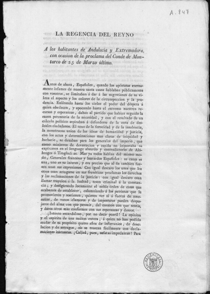 Miniatura de La Regencia del Reyno a los habitantes de Andalucia y Extremadura con ocasión de la proclama del Conde de Montarco de 25 de marzo último