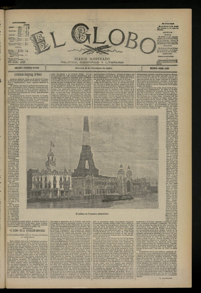 Miniatura de El Globo : diario ilustrado del 3 de octubre de 1889, nº 5081