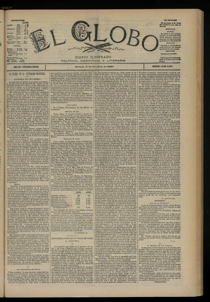 Miniatura de El Globo : diario ilustrado del 5 de octubre de 1889, nº 5083