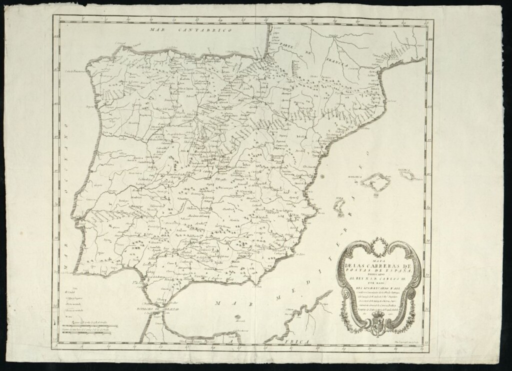 Miniatura de Mapa de las carreras de postas de España dedicado al Rey N.S.D.Carlos III