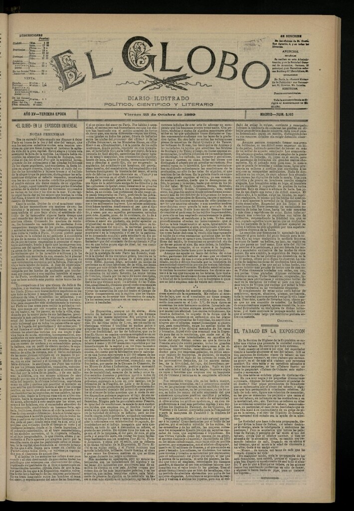 Miniatura de El Globo : diario ilustrado del 25 de octubre de 1889, nº 5103