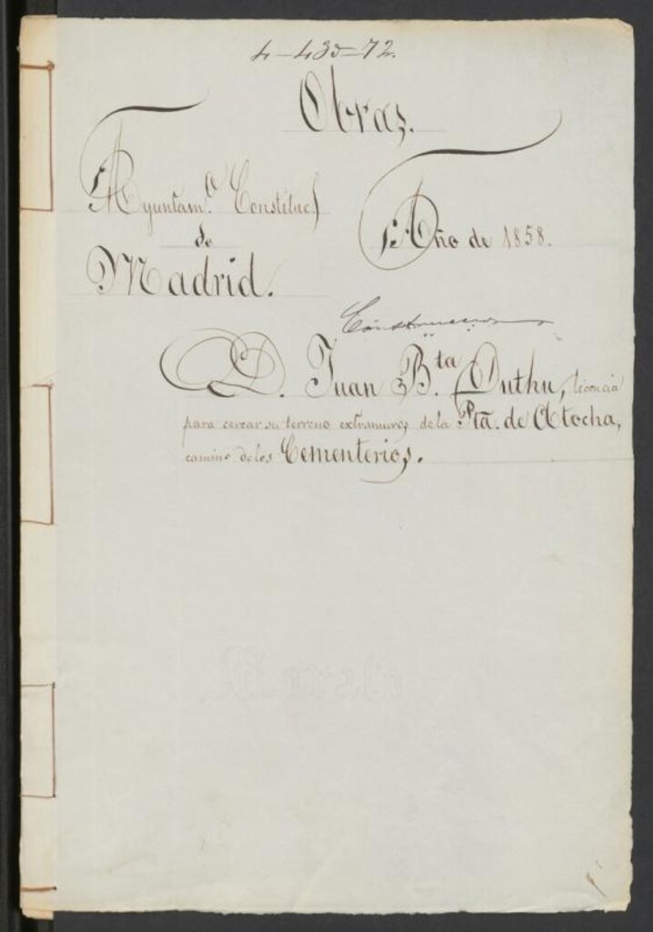 Miniatura de D. Juan Bta. Duthu, licencia para cercar su terreno extramuros, de la Pta. de Atocha, camino de los cementerios