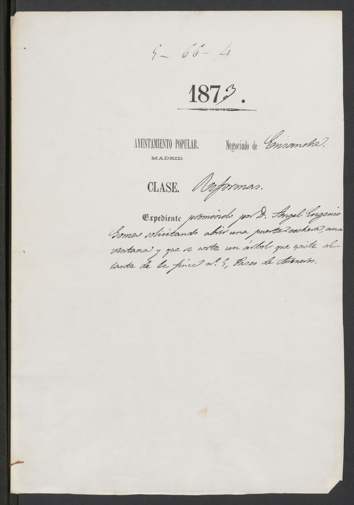 Miniatura de Expediente promovido por D. Angel Eugenio Gómez, solicitando abrir una puerta cochera, una venta y que se corte un árbol que existe delante de la finca nº 5.