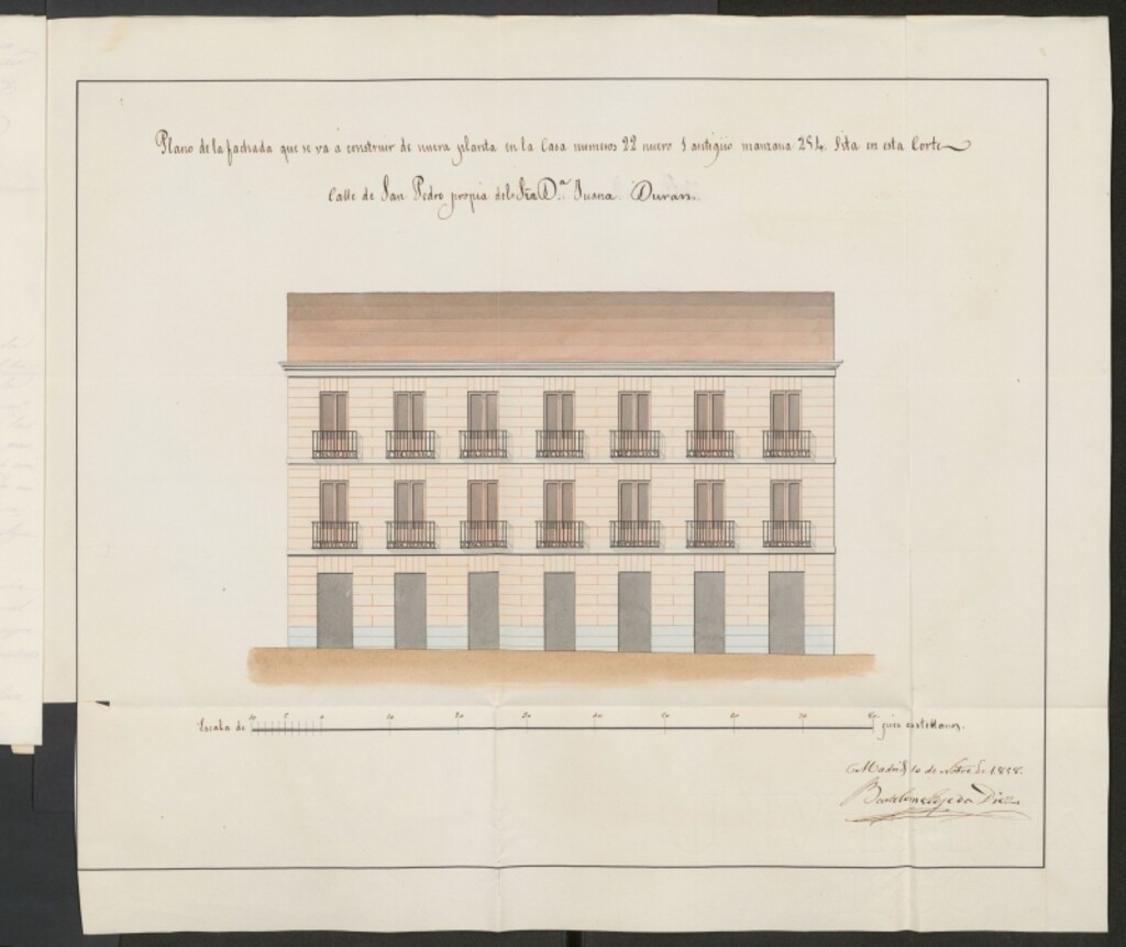 Miniatura de D. León Repullés, licencia para construir de nueva planta la casa calle del S. Pedro, nº 22 y 24 manzana 254 de la propiedad de Dª Juana Duran.