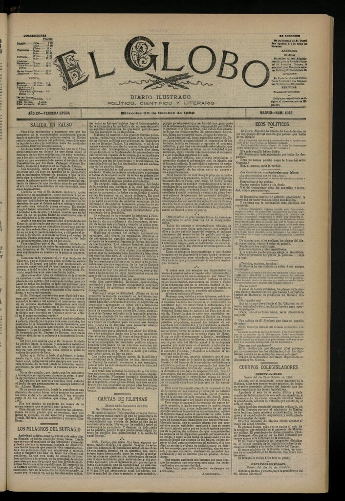 Miniatura de El Globo : diario ilustrado del 30 de octubre de 1889, nº 5108