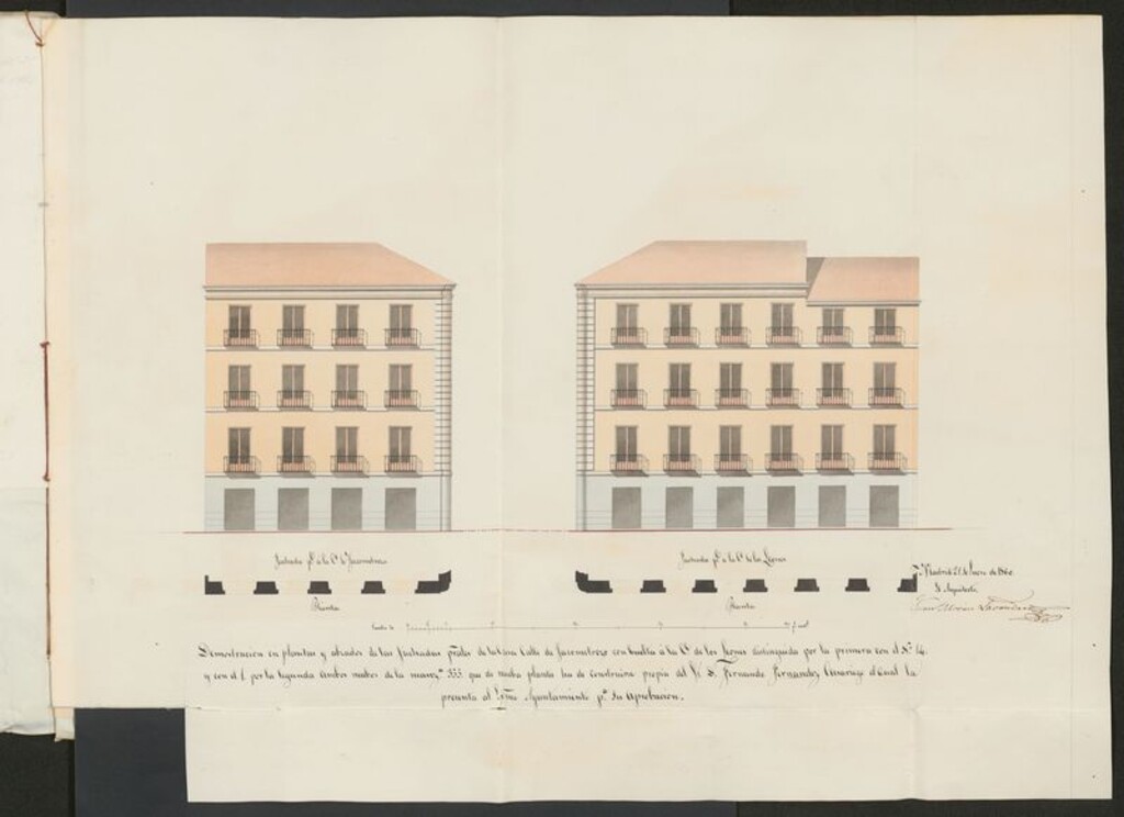 Miniatura de D. Fernando Fernández Casariego, sobre licencia para construir de nueva planta la casa calle de Jacometrezo, nº 14 con vuelta a la de los Leones, nº 1, manzana 355.