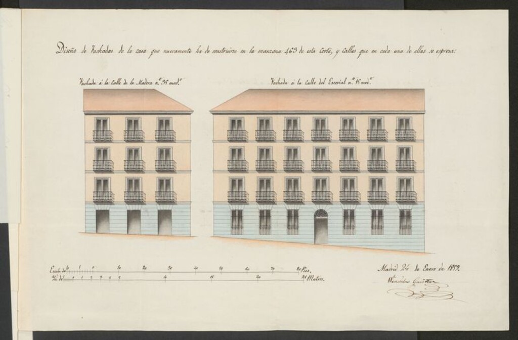 Miniatura de D. Hilario Zapata, como contador de la Excma. Sra. Condesa de Bornos, licencia para construir en el solar calle de la Madera alta nº 35, esquina a la del Escorial nº 15, manzana 462.