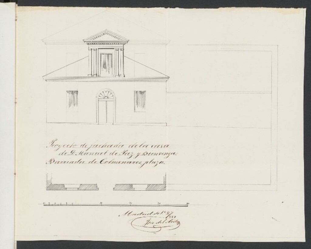 Miniatura de D. Manuel de Paz y Bienvenga, licencia para edificar en las afueras de la Puerta de Segovia, sitio llamado Barriada de Colmenares.
