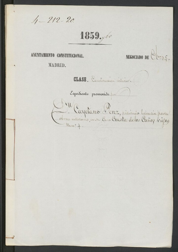 Miniatura de D. Cayetano Pérez, pidiendo licencia para obras interiores en su casa Cuesta de los Caños Viejos nº 4.