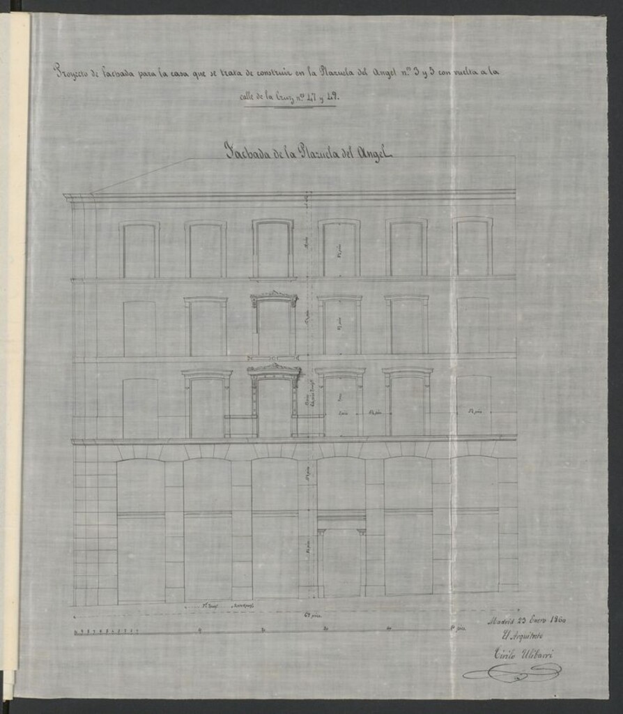 Miniatura de D. Segismundo Ruiz Tapiador, en demanda de licencia para construir la casa Plazuela del Ángel nº 5 de la calle de la Cruz, nº 47, manzana 214.