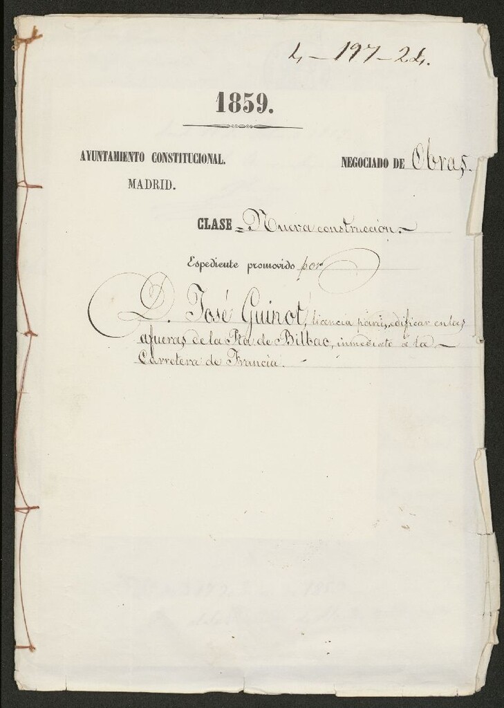 Miniatura de D. José Guinot, licencia para edificar en las afueras de la Pta. de Bilbao, inmediato a la Carretera de Francia.