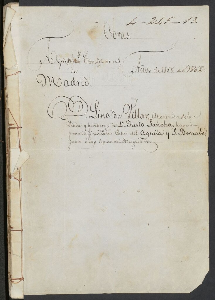 Miniatura de D. Lino de Villar, apoderado de la viuda y herederos de D. Justo Sancha, licencia para edificar entre las calles del Águila y S. Bernabé, junto a las tapias del Resguardo.