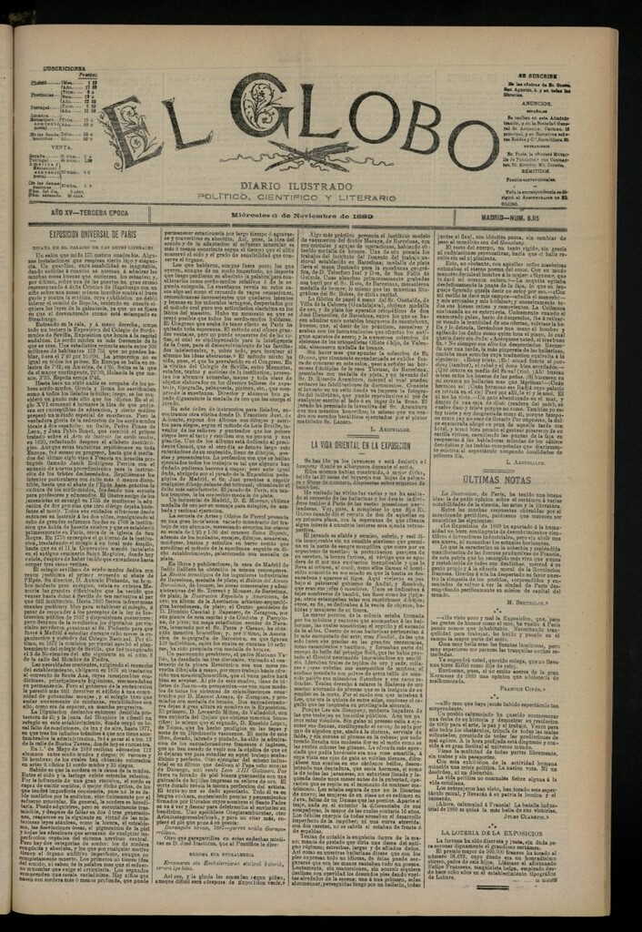 Miniatura de El Globo : diario ilustrado del 6 de noviembre de 1889, nº 5115