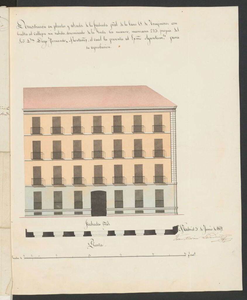 Miniatura de D. Diego Fernando Montañés, en solicitud de permiso para construir la casa sin nº manzana 273 de la calle de Tragineros, con vuelta al callejón de la Greda.