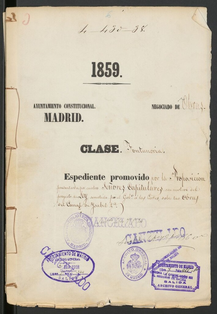 Miniatura de Expediente promovido por la proposición presentada por cuatros señores capitulares, con motivo del proyecto de Ley sometido por el Gobierno a las Cortes, sobre las obras del Cana de Isabel 2ª.