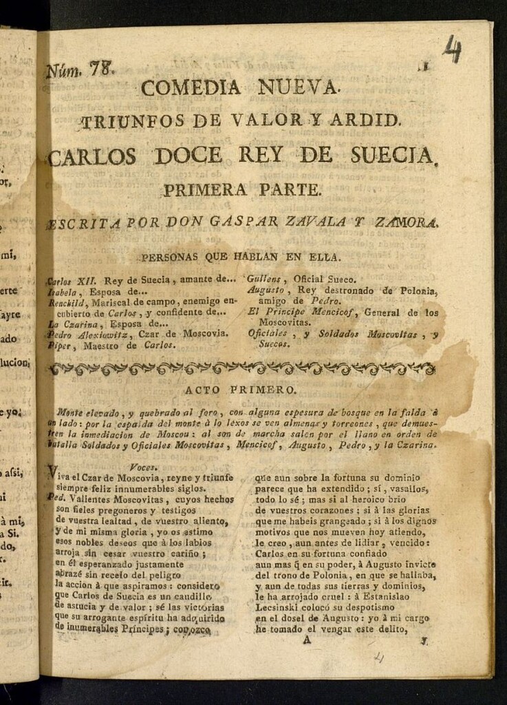 Miniatura de Comedia nueva, Triunfos de valor y ardid, Carlos Doce Rey de Suecia: primera parte