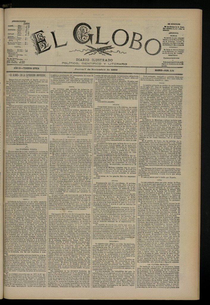Miniatura de El Globo : diario ilustrado del 7 de noviembre de 1889, nº 5116