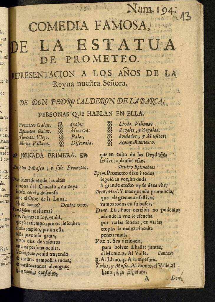 Miniatura de Comedia famosa, de La estatua de Prometeo : representación a los años de la Reyna nuestra Señora