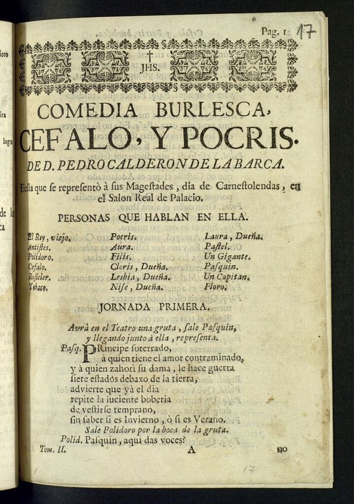 Miniatura de Comedia burlesca, Cefalo, y Pocris