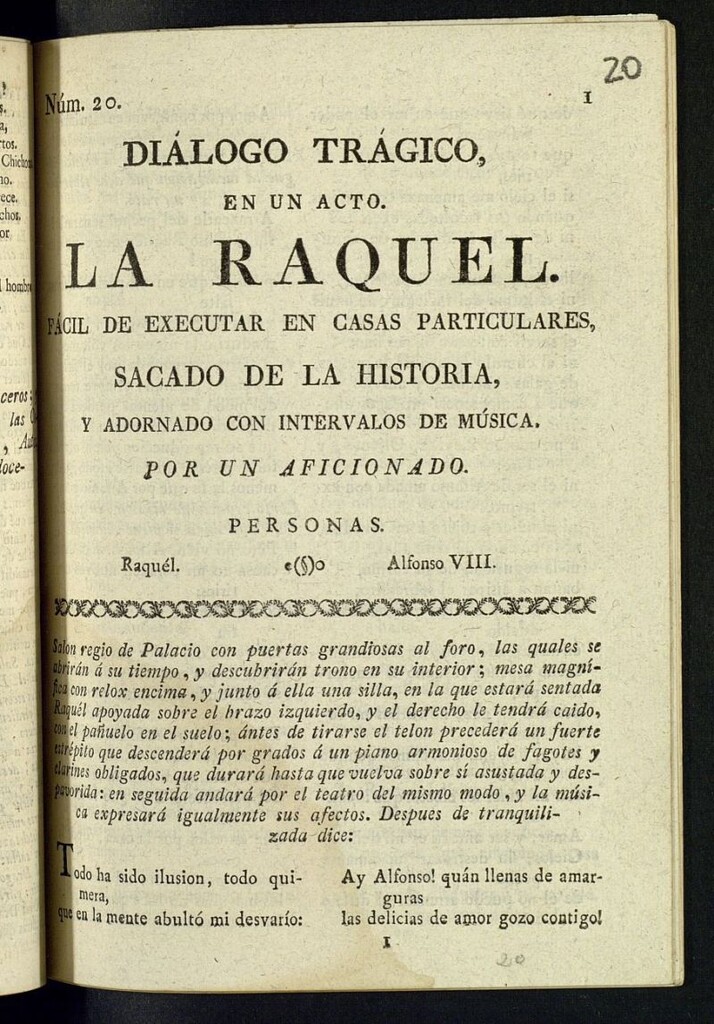 Miniatura de Diálogo trágico en un acto La Raquel : fácil de executar en casas particulares : sacado de la historia y adornado con intervalos de música