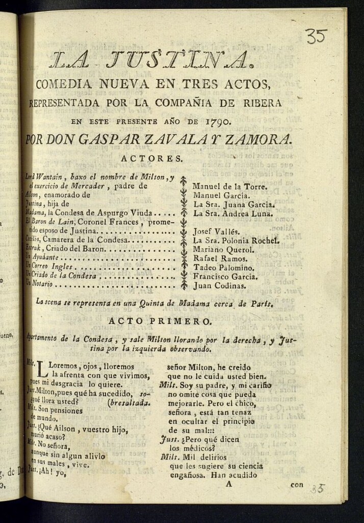 Miniatura de La Justina : comedia nueva en tres actos: representada por la Compañía de Ribera en este presente año de 1790