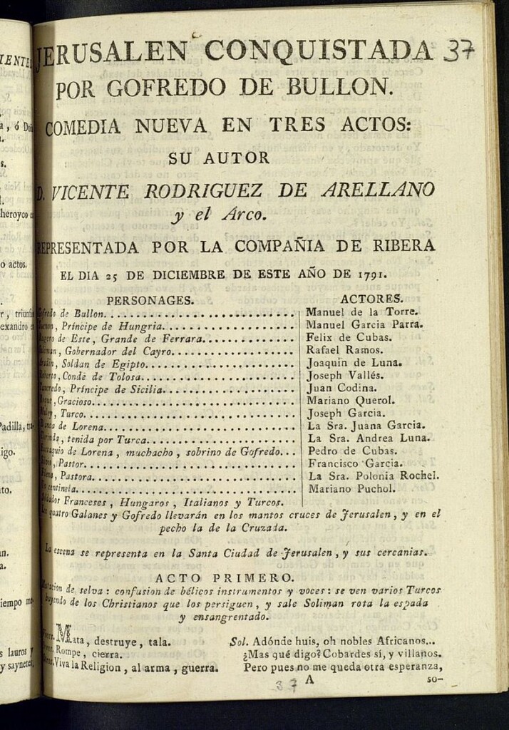Miniatura de Jerusalen conquistada por Gofredo de Bullon : comedia nueva en tres actos