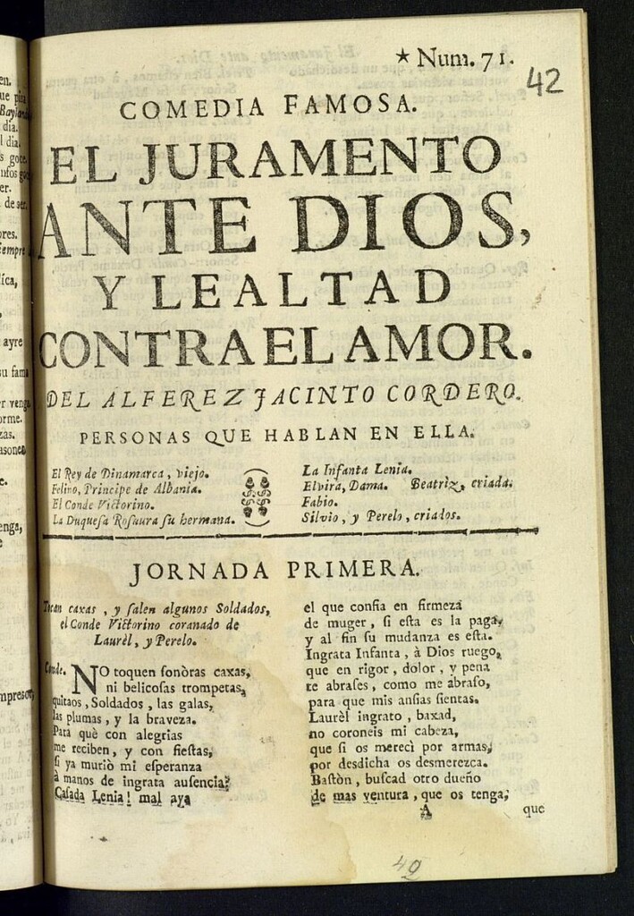 Miniatura de Comedia famosa, El juramento ante Dios y lealtad contra el amor