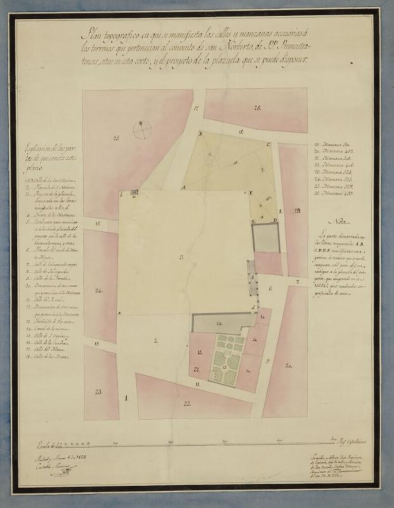 Miniatura de Alineaciones Plaza. Encarnación y Plaza. Mostenses. ; Plan topográfico en que se manifiesta las calles y manzanas accesorias a los terrenos que pertenecían al Convento de S. Norberto y el proyecto de la plazuela que se puede disponer
