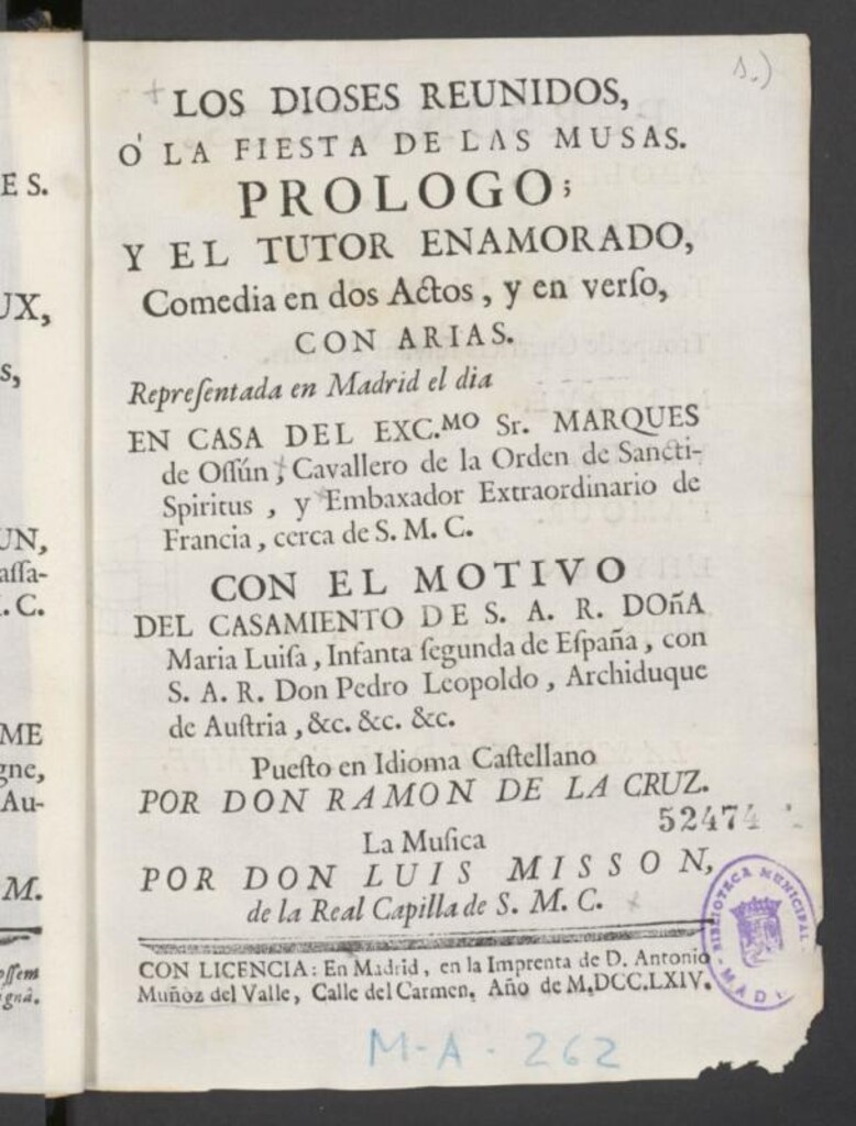 Miniatura de Los dioses reunidos o la fiesta de las musas, prologo ; y El tutor enamorado: comedia en dos actos y en verso con arias, representada en Madrid