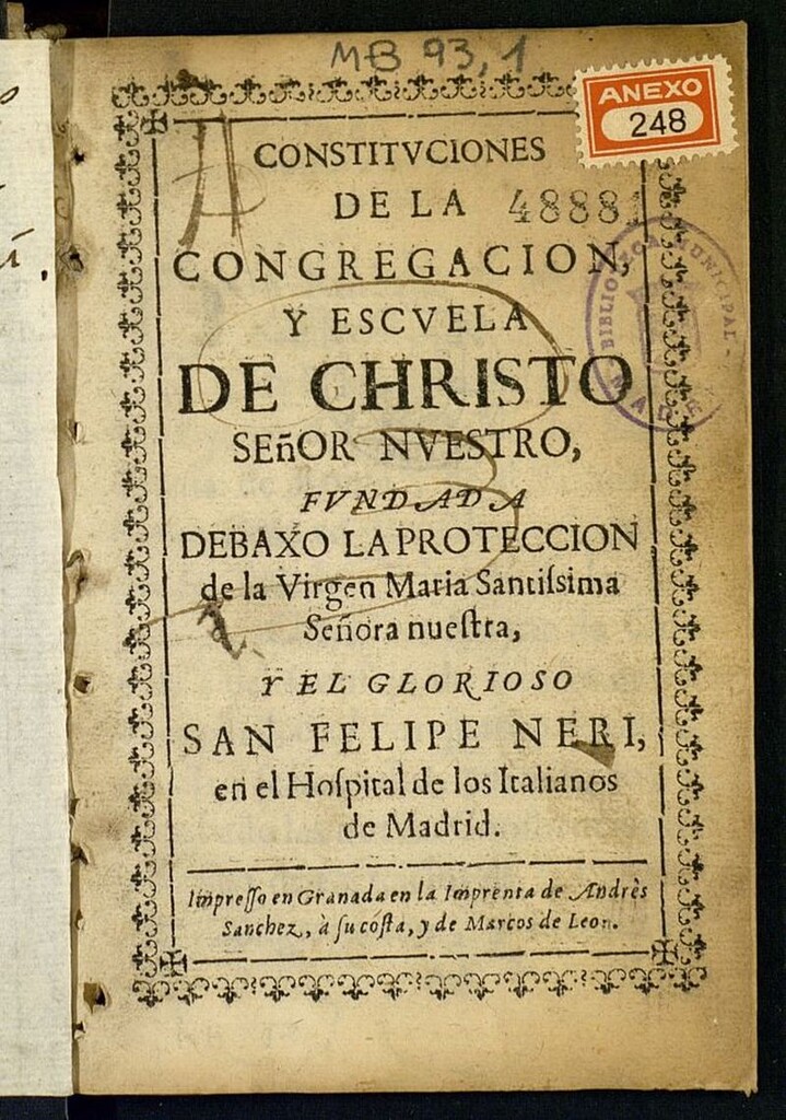 Miniatura de Constituciones de la Congregacion y Escuela de Christo Señor Nuestro fundada debaxo la protección de la Virgen Santisima Señora nuestra, y el glorioso San Felipe Neri en el Hospital de los Italianos de Madrid