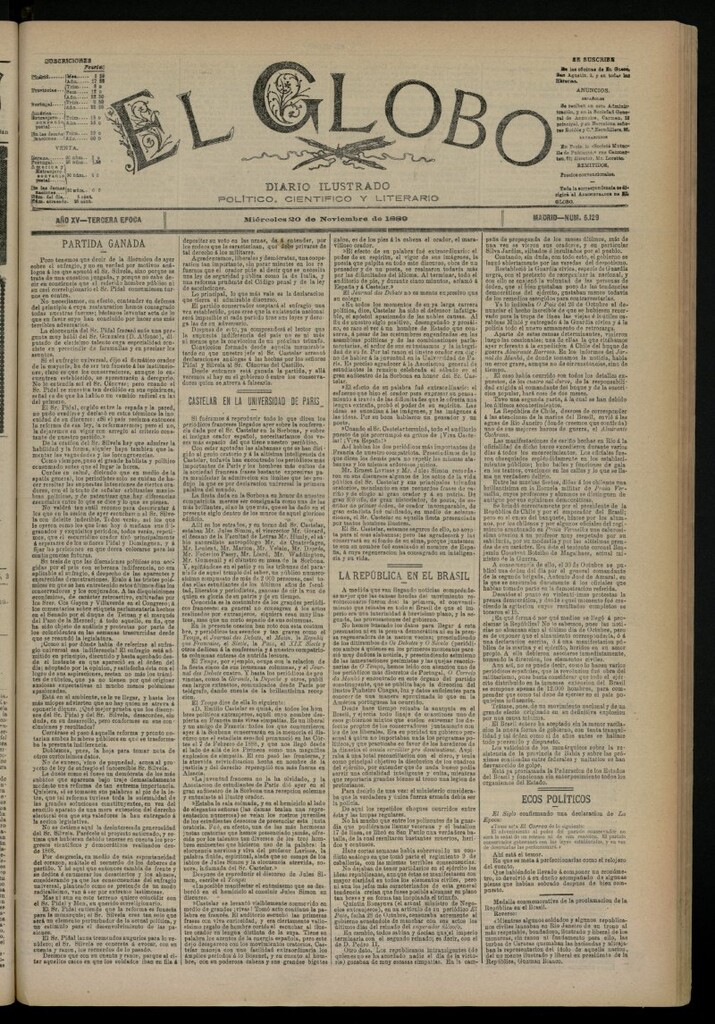 Miniatura de El Globo : diario ilustrado del 20 de noviembre de 1889, nº 5129