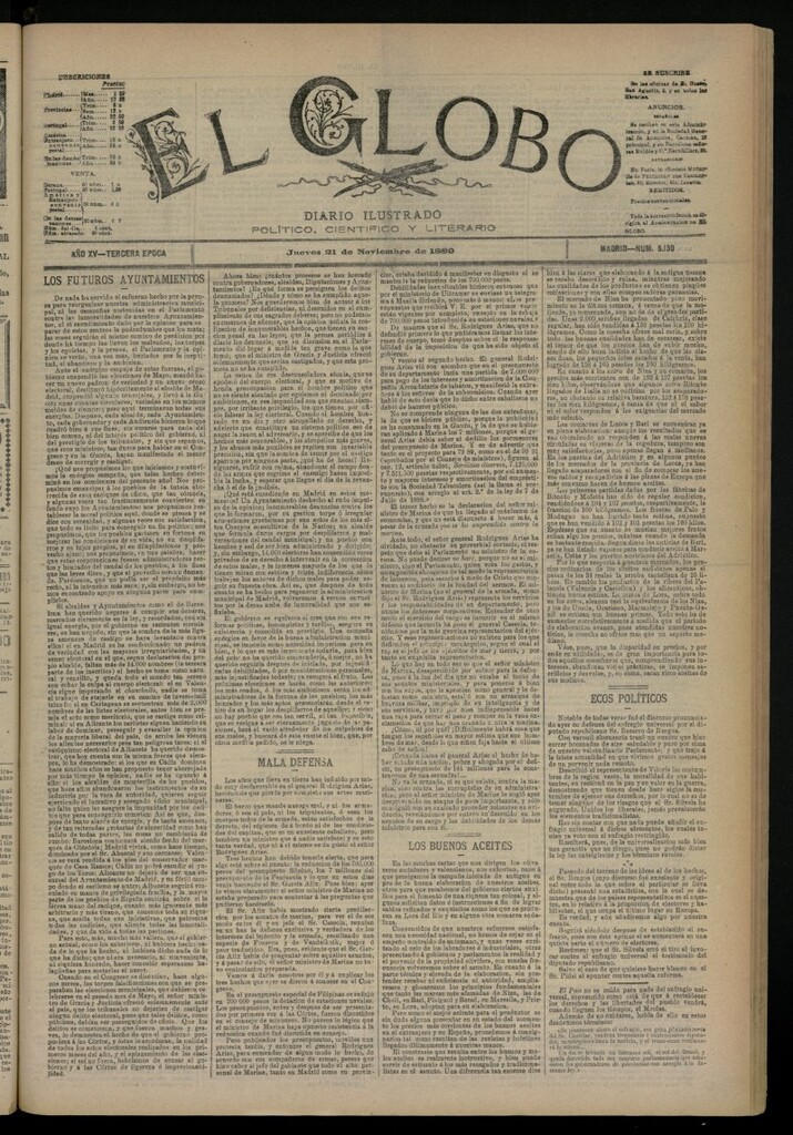 Miniatura de El Globo : diario ilustrado del 21 de noviembre de 1889, nº 5130