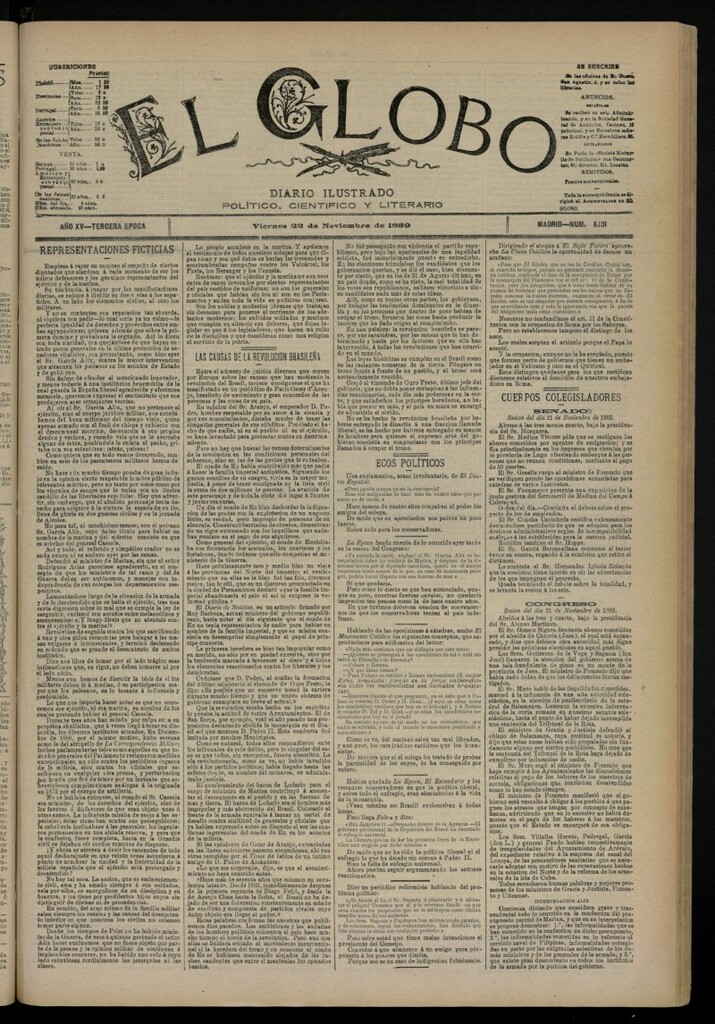 Miniatura de El Globo : diario ilustrado del 22 de noviembre de 1889, nº 5131