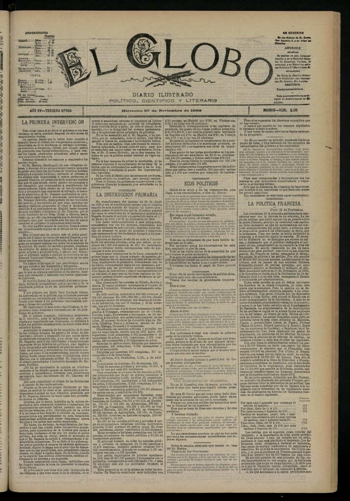 Miniatura de El Globo : diario ilustrado del 27 de noviembre de 1889, nº 5136
